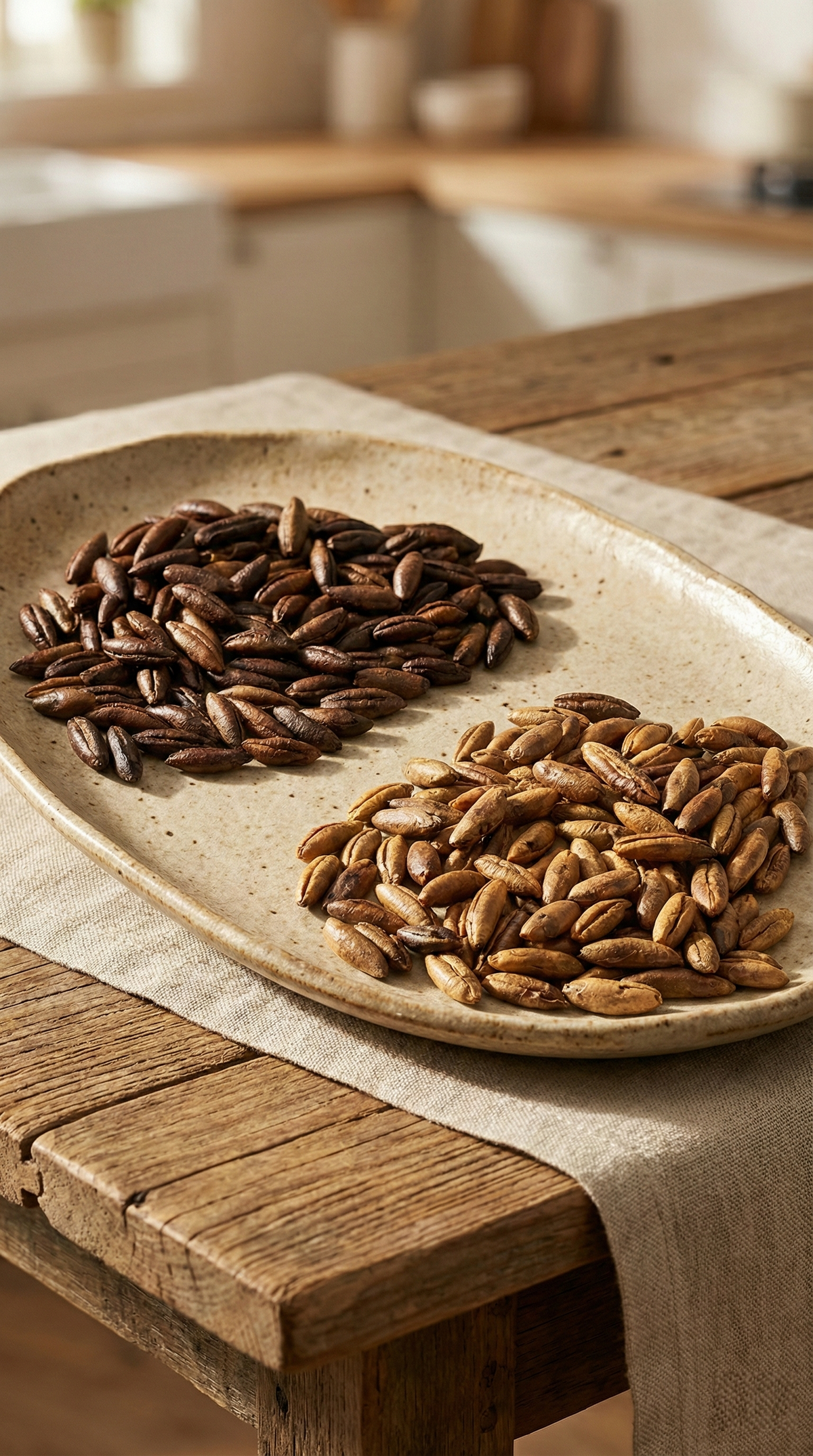 Two types of seeds on a ceramic plate on a wooden table.